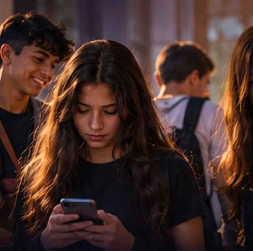 Adolescente usando o celular no pátio da escola