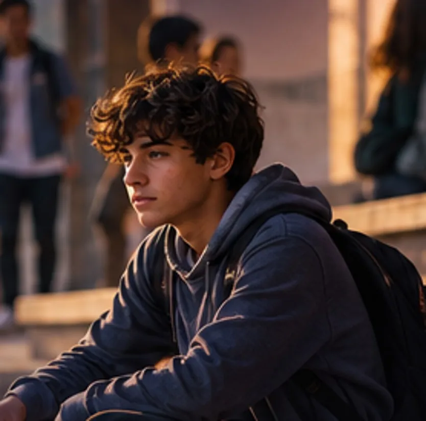 Adolescente sentado sozinho no pátio